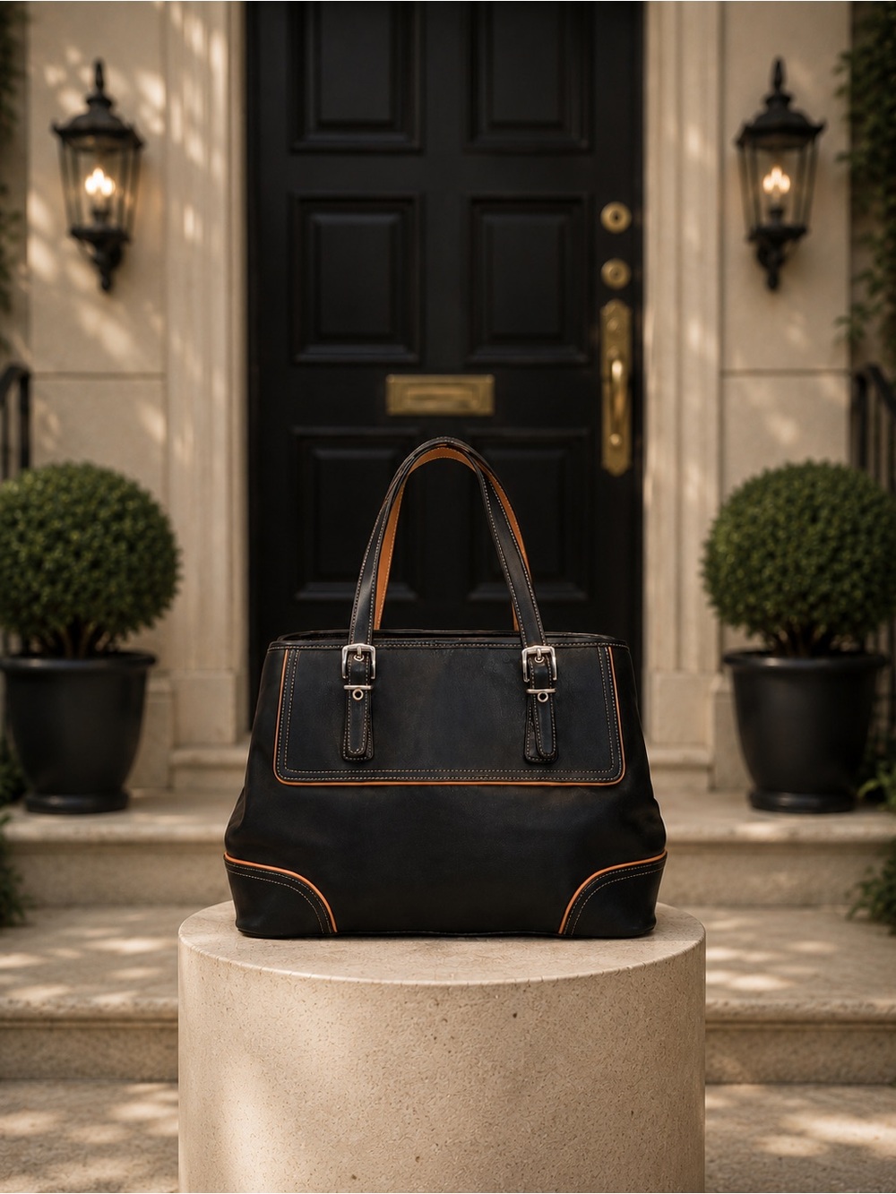 COACH Hamptons Satchel Black/Cognac Leather 2003 Vintage Y2K Shoulder Bag